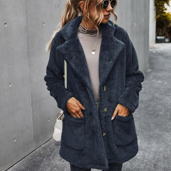 Cuddle Up Button Front Double Pocket Teddy Coat Bl - Picture 6 of 9